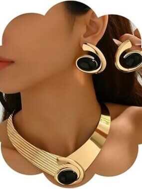 NEW Chunky Gold Statement Earrings Necklace Jewelry Set Oversized with Pendant